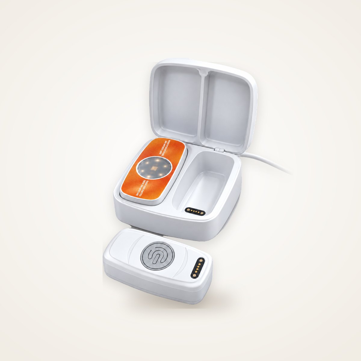 SOLIGHT charging case open with one unit docked and one unit beside it