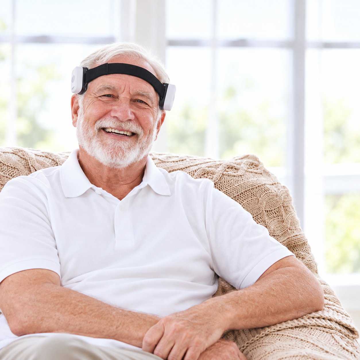Smiling senior man relaxing in an armchair at home, wearing two SOLIGHT units on a headband